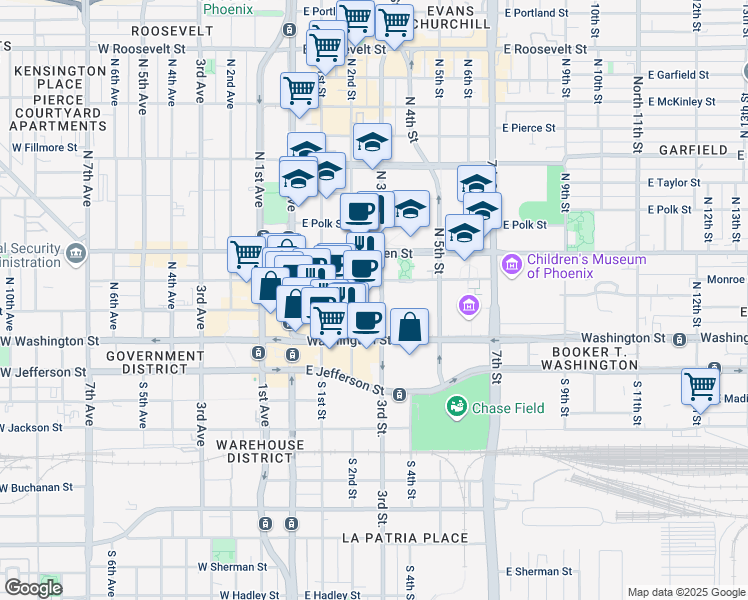 map of restaurants, bars, coffee shops, grocery stores, and more near 100 North 3rd Street in Phoenix