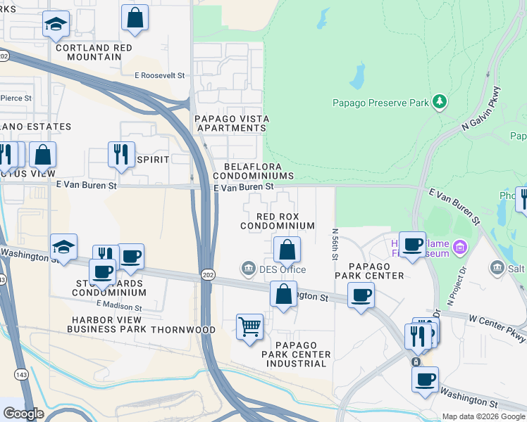 map of restaurants, bars, coffee shops, grocery stores, and more near 5345 East Van Buren Street in Phoenix