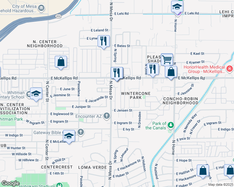 map of restaurants, bars, coffee shops, grocery stores, and more near 1926 North Spring in Mesa