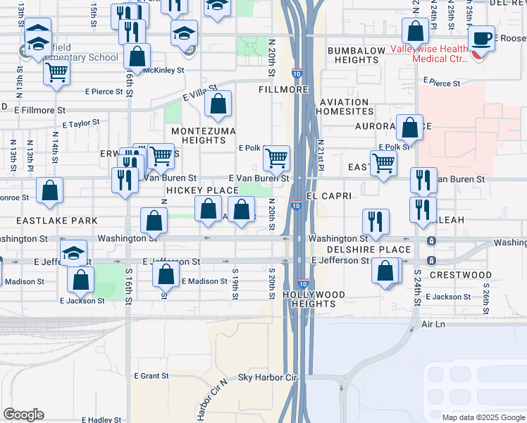 map of restaurants, bars, coffee shops, grocery stores, and more near 1937 East Monroe Street in Phoenix