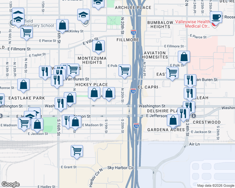 map of restaurants, bars, coffee shops, grocery stores, and more near 1937 East Monroe Street in Phoenix