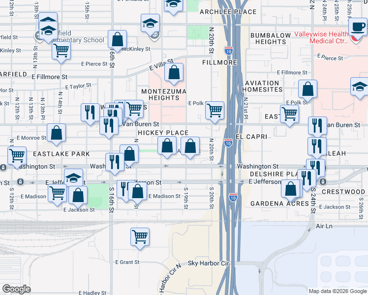 map of restaurants, bars, coffee shops, grocery stores, and more near 1901 East Monroe Street in Phoenix