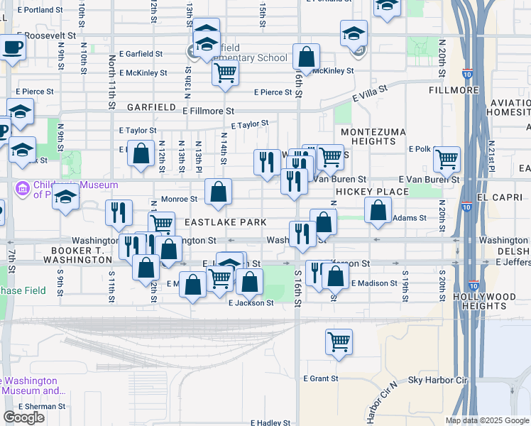 map of restaurants, bars, coffee shops, grocery stores, and more near 120 North 15th Street in Phoenix