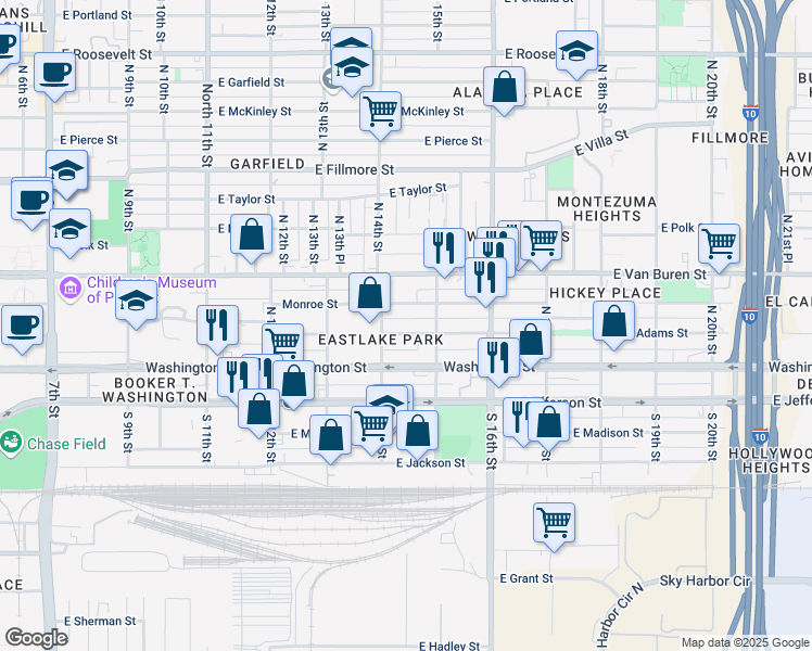 map of restaurants, bars, coffee shops, grocery stores, and more near 1411 East Monroe Street in Phoenix