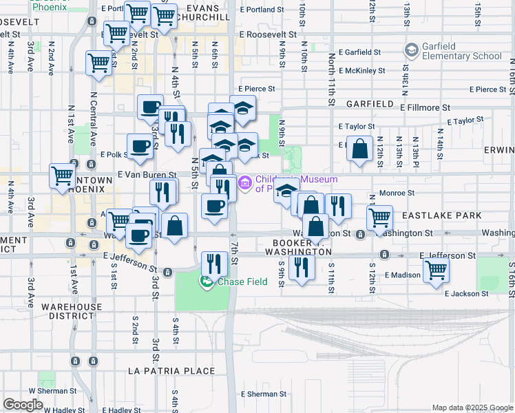 map of restaurants, bars, coffee shops, grocery stores, and more near North 8th Street in Phoenix