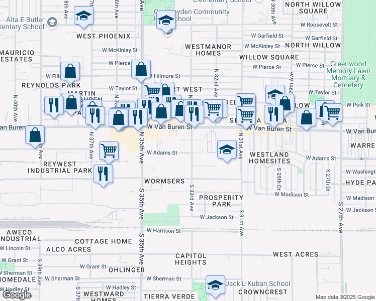 map of restaurants, bars, coffee shops, grocery stores, and more near 3318 West Adams Street in Phoenix
