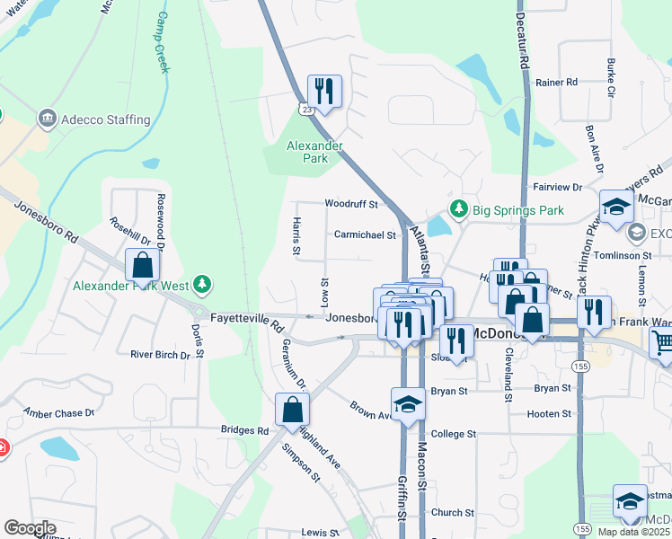 map of restaurants, bars, coffee shops, grocery stores, and more near 2 Brannan Street in McDonough