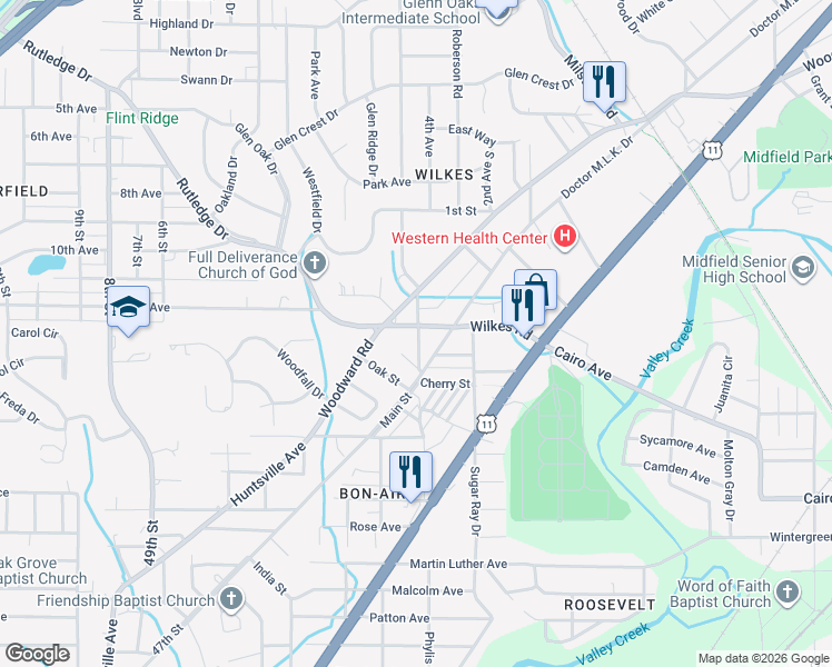 map of restaurants, bars, coffee shops, grocery stores, and more near 1115 Wilkes Road in Birmingham
