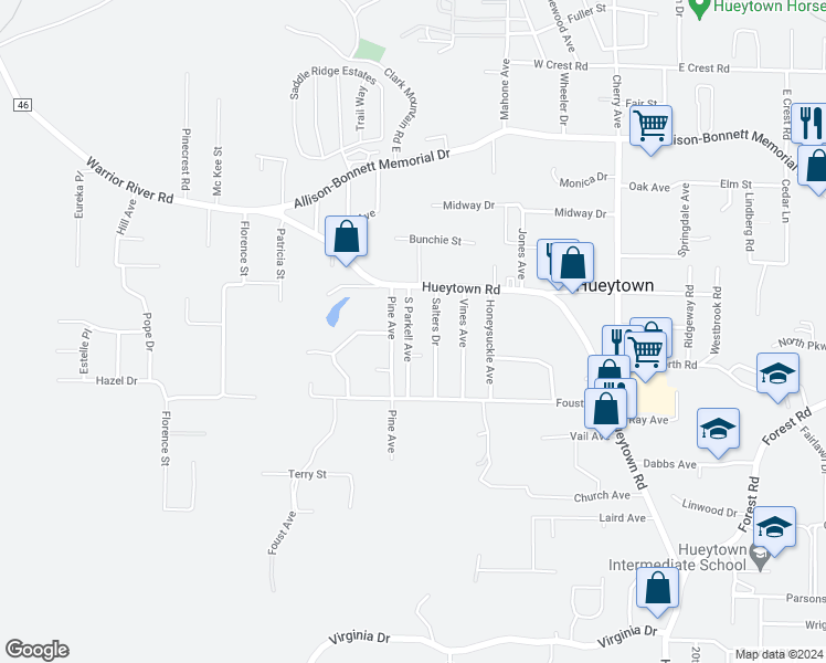 map of restaurants, bars, coffee shops, grocery stores, and more near 638 South Parkell Avenue in Hueytown