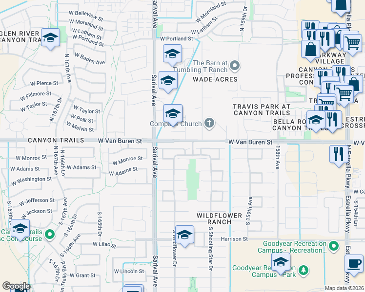 map of restaurants, bars, coffee shops, grocery stores, and more near 16206 West Woodlands Avenue in Goodyear