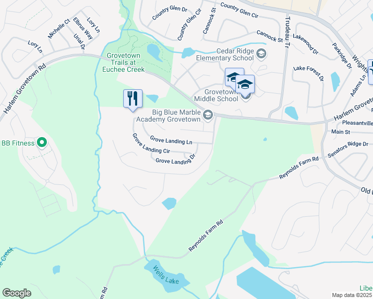 map of restaurants, bars, coffee shops, grocery stores, and more near 3315 Grove Landing Circle in Grovetown