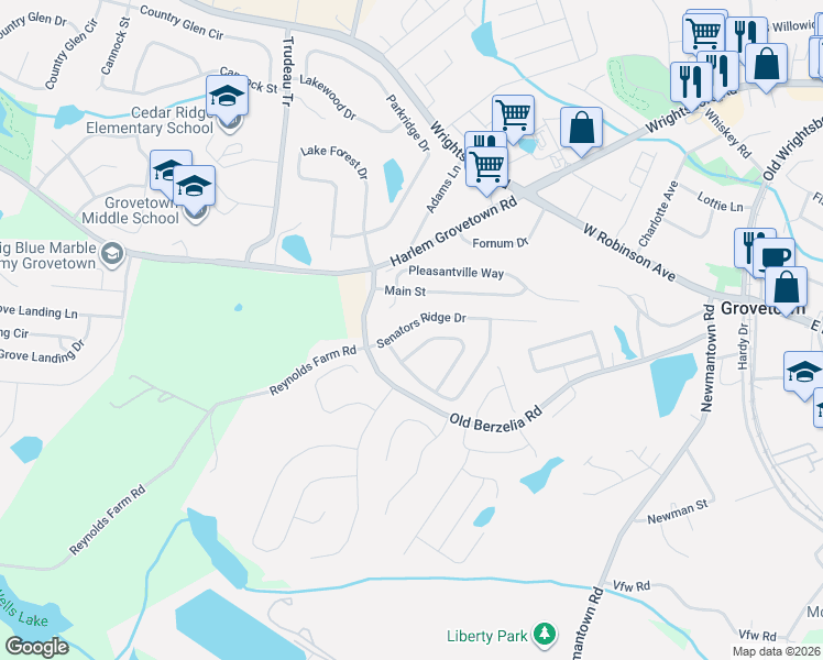 map of restaurants, bars, coffee shops, grocery stores, and more near 7624 Senators Ridge Drive in Grovetown