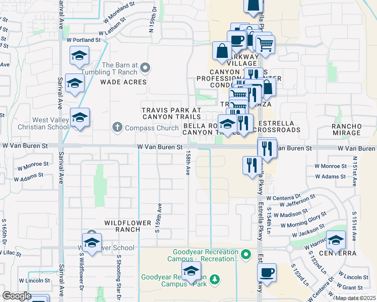 map of restaurants, bars, coffee shops, grocery stores, and more near 158th Avenue in Goodyear