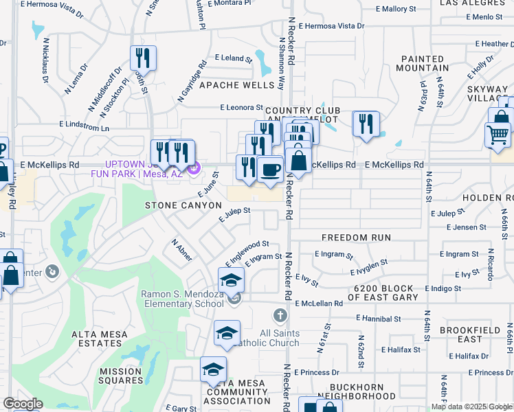 map of restaurants, bars, coffee shops, grocery stores, and more near 5918 East Julep Street in Mesa
