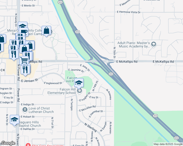 map of restaurants, bars, coffee shops, grocery stores, and more near 2033 North Rowen Circle in Mesa
