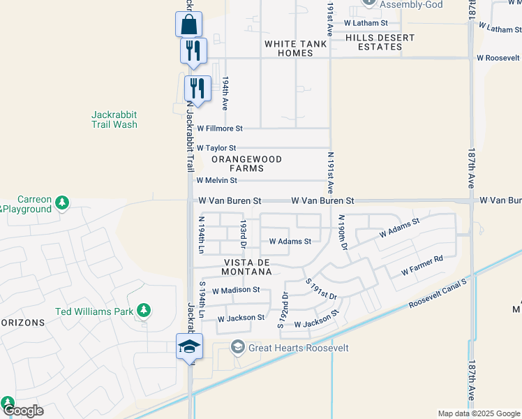 map of restaurants, bars, coffee shops, grocery stores, and more near 19300 West Woodlands Avenue in Buckeye