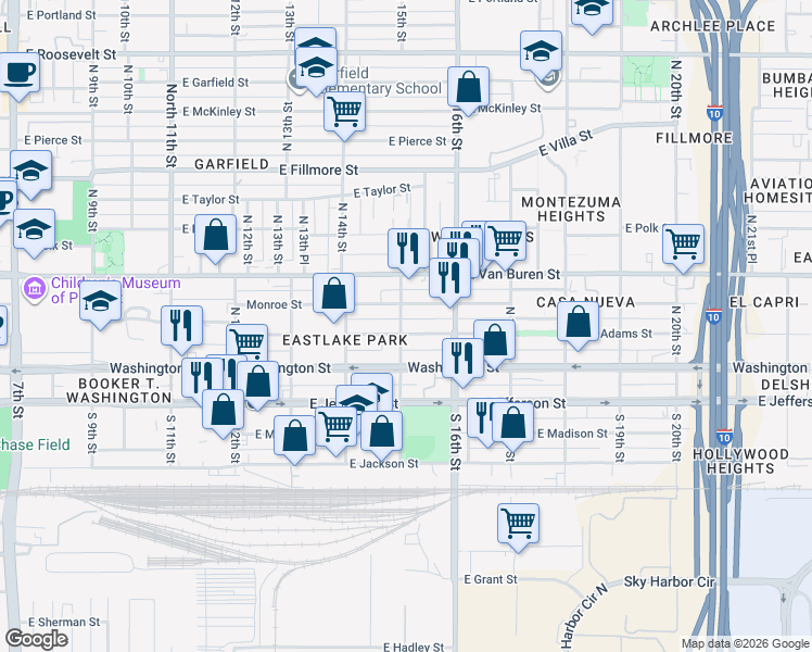 map of restaurants, bars, coffee shops, grocery stores, and more near 120 North 15th Street in Phoenix