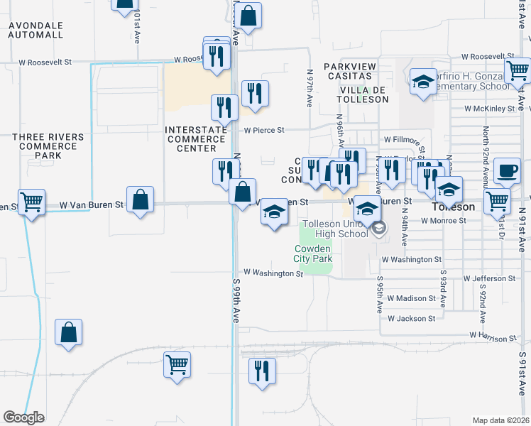 map of restaurants, bars, coffee shops, grocery stores, and more near 9835 West Van Buren Street in Tolleson