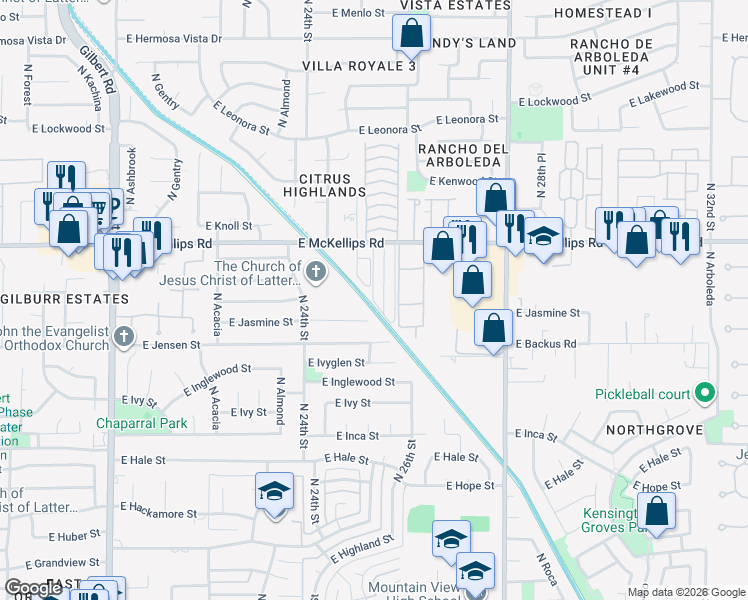 map of restaurants, bars, coffee shops, grocery stores, and more near Mobile Home Park in Mesa