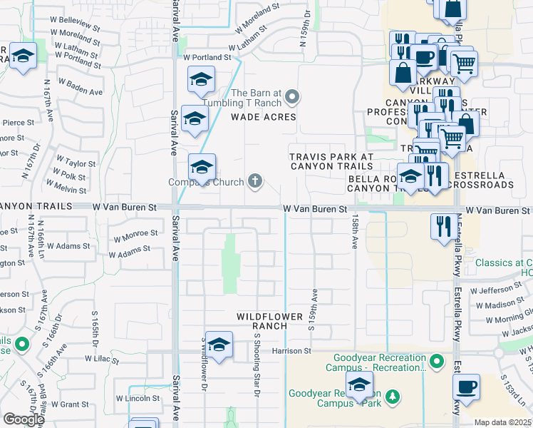 map of restaurants, bars, coffee shops, grocery stores, and more near 16038 West Woodlands Avenue in Goodyear