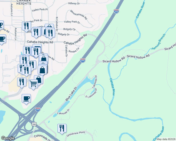 map of restaurants, bars, coffee shops, grocery stores, and more near 3630 Blue Lake Drive in Vestavia Hills