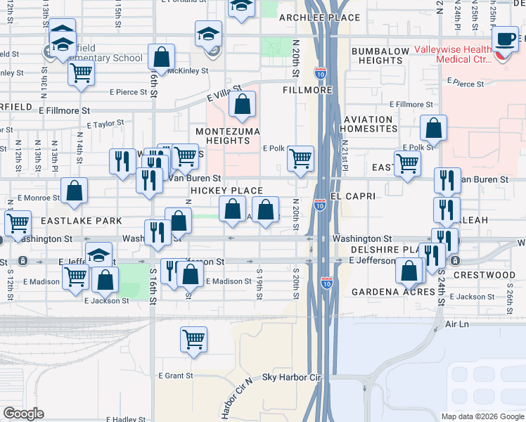 map of restaurants, bars, coffee shops, grocery stores, and more near 131 North 19th Street in Phoenix