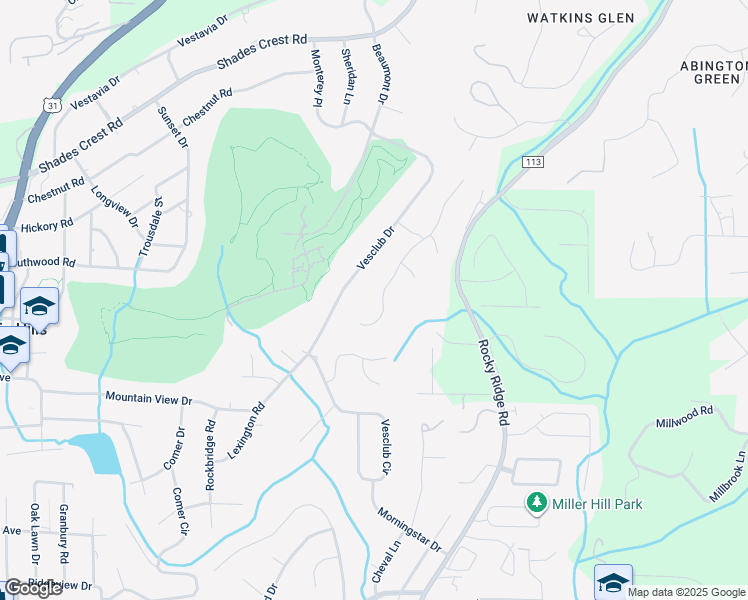 map of restaurants, bars, coffee shops, grocery stores, and more near 1741 Vestwood Hills Drive in Vestavia Hills