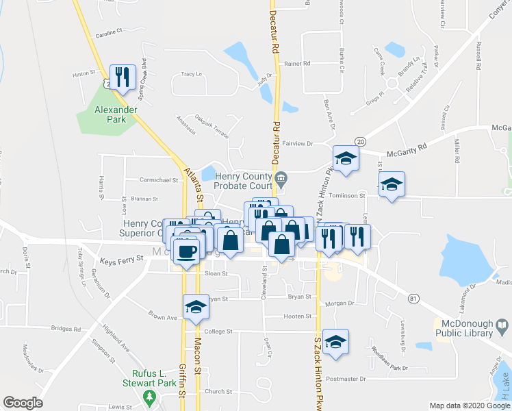 map of restaurants, bars, coffee shops, grocery stores, and more near 18 Copeland Street in McDonough