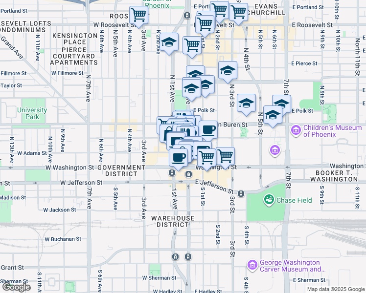 map of restaurants, bars, coffee shops, grocery stores, and more near 130 North Central Avenue in Phoenix