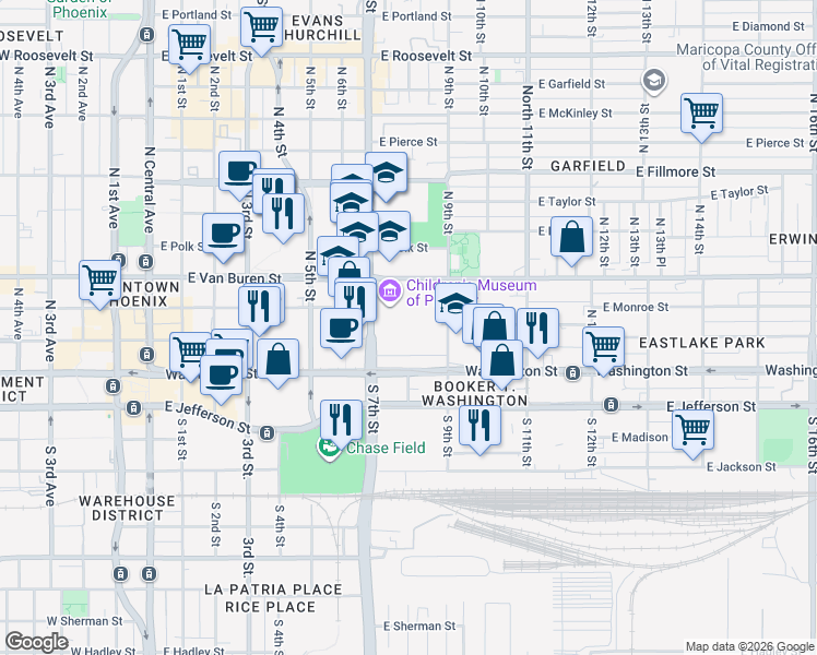 map of restaurants, bars, coffee shops, grocery stores, and more near North 8th Street in Phoenix