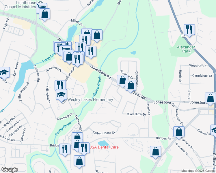 map of restaurants, bars, coffee shops, grocery stores, and more near 635 Beaver Run Trce in McDonough