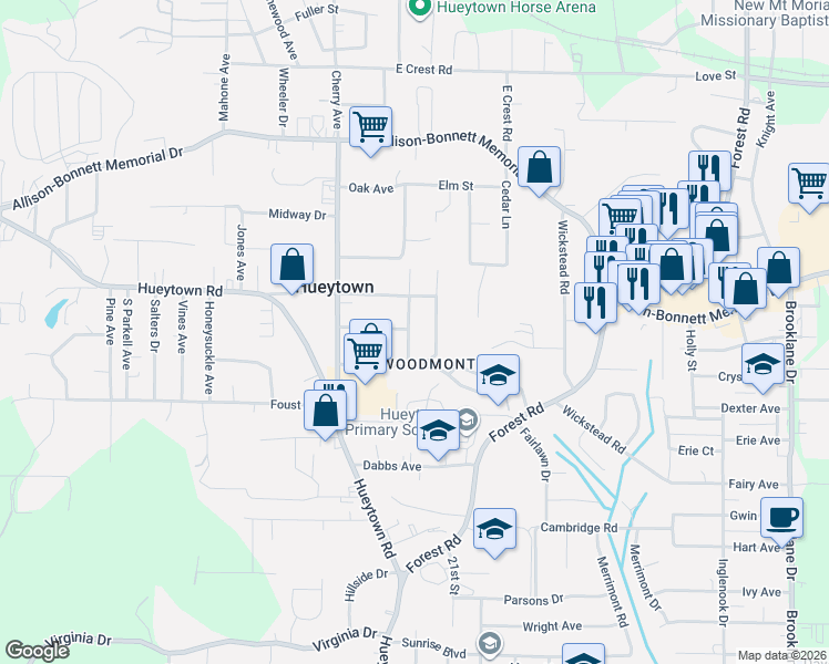 map of restaurants, bars, coffee shops, grocery stores, and more near 215 Ridgeway Road in Hueytown