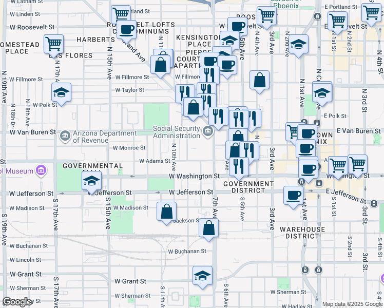 map of restaurants, bars, coffee shops, grocery stores, and more near 850 West Adams Street in Phoenix