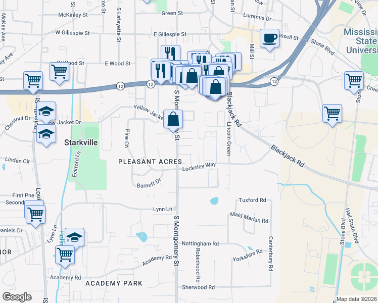map of restaurants, bars, coffee shops, grocery stores, and more near 627 South Montgomery Street in Starkville