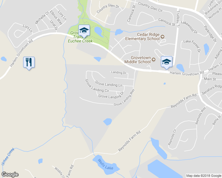 map of restaurants, bars, coffee shops, grocery stores, and more near 3327 Grove Landing Circle in Grovetown