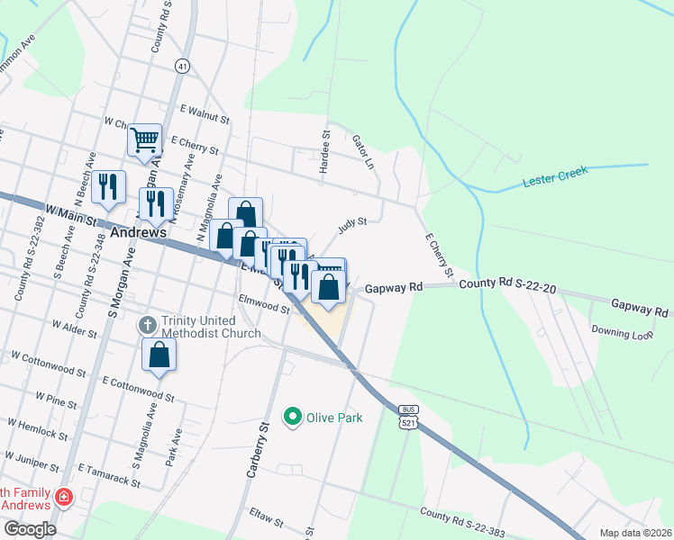 map of restaurants, bars, coffee shops, grocery stores, and more near 609 Ashland Road in Andrews