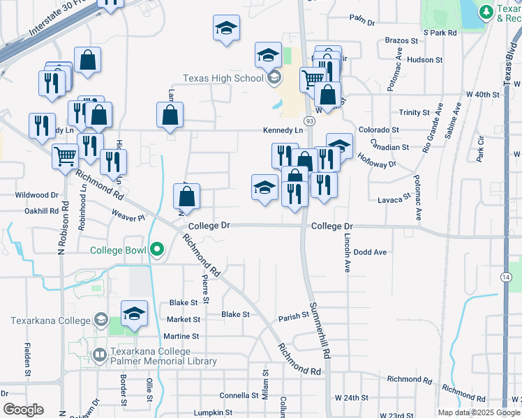 map of restaurants, bars, coffee shops, grocery stores, and more near 2100 College Drive in Texarkana