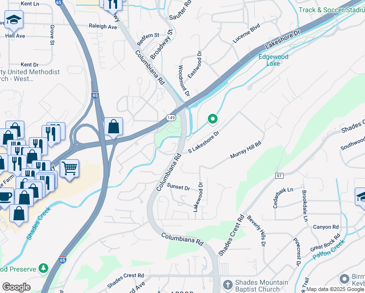 map of restaurants, bars, coffee shops, grocery stores, and more near 1301 Columbiana Road in Homewood
