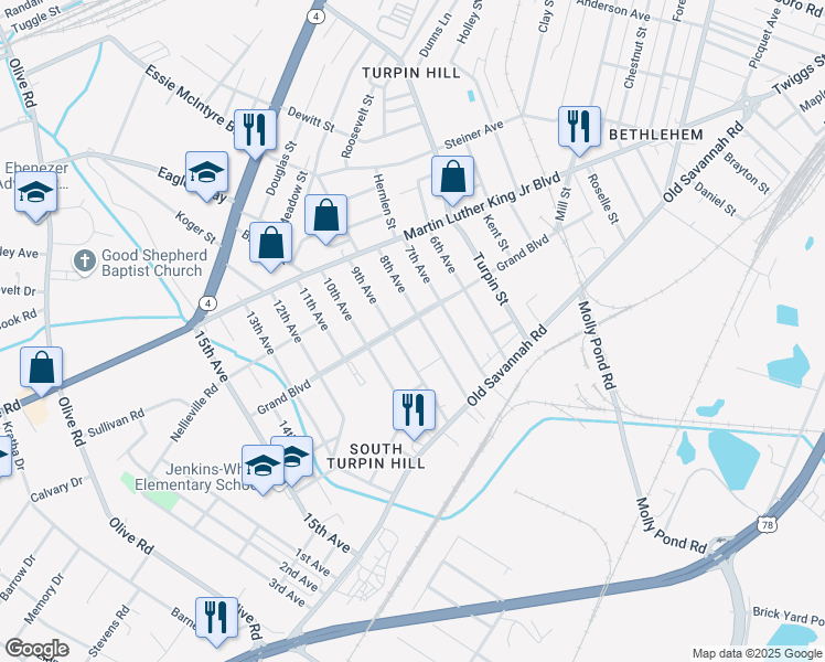 map of restaurants, bars, coffee shops, grocery stores, and more near 2106 Grand Boulevard in Augusta