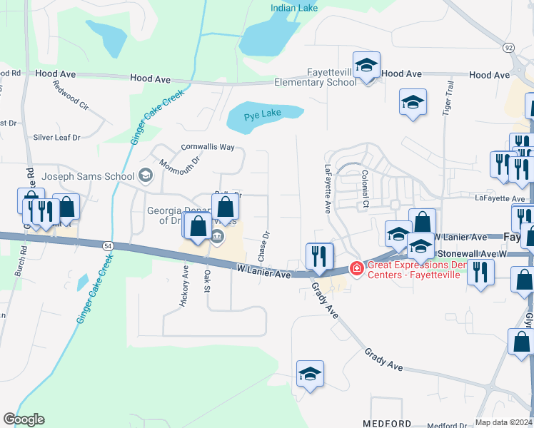 map of restaurants, bars, coffee shops, grocery stores, and more near 235 Chase Drive in Fayetteville