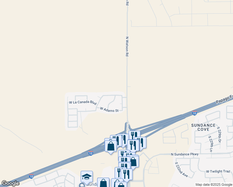 map of restaurants, bars, coffee shops, grocery stores, and more near 23568 West La Vista Drive in Buckeye