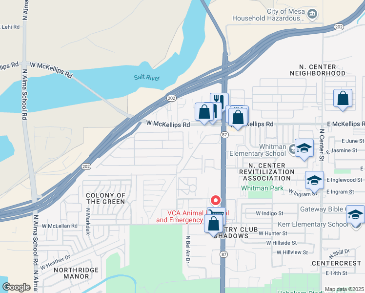 map of restaurants, bars, coffee shops, grocery stores, and more near 625 West McKellips Road in Mesa