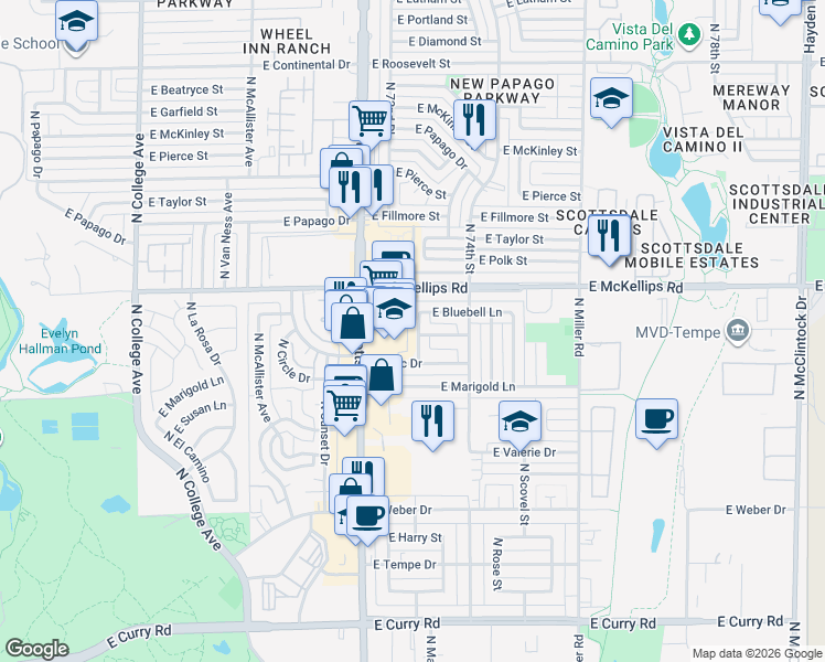 map of restaurants, bars, coffee shops, grocery stores, and more near 1817 North Aster Street in Tempe