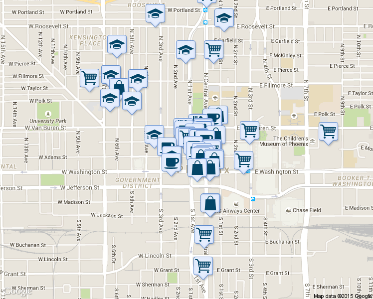 map of restaurants, bars, coffee shops, grocery stores, and more near 111 West Monroe Street in Phoenix