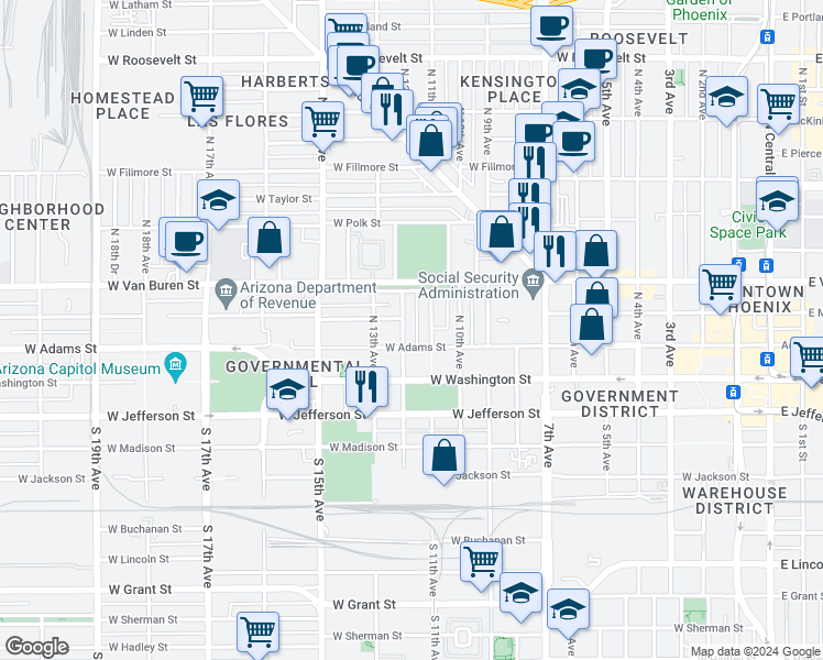 map of restaurants, bars, coffee shops, grocery stores, and more near 120 North 11th Avenue in Phoenix