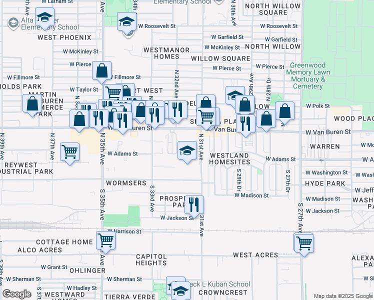 map of restaurants, bars, coffee shops, grocery stores, and more near 366 North 32nd Avenue in Phoenix