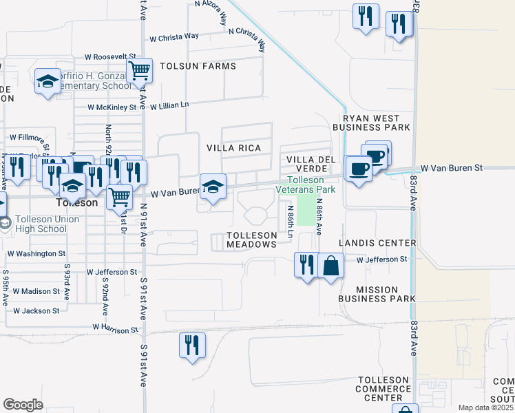 map of restaurants, bars, coffee shops, grocery stores, and more near 8701 West Van Buren Street in Tolleson