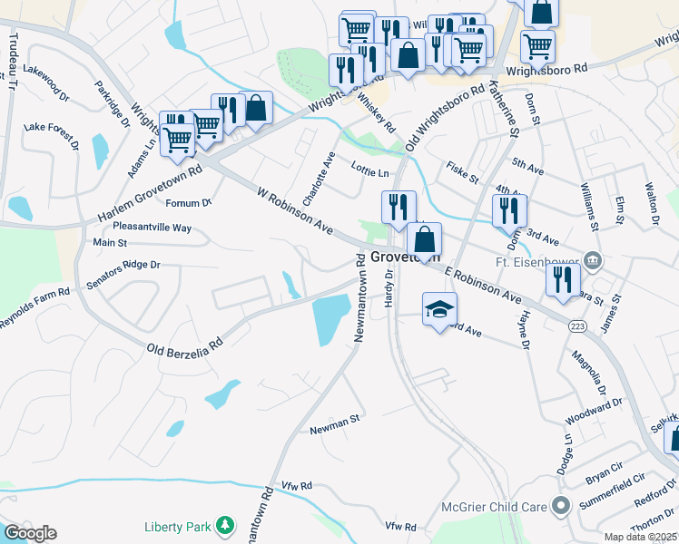 map of restaurants, bars, coffee shops, grocery stores, and more near 114 Old Thomson Road in Grovetown