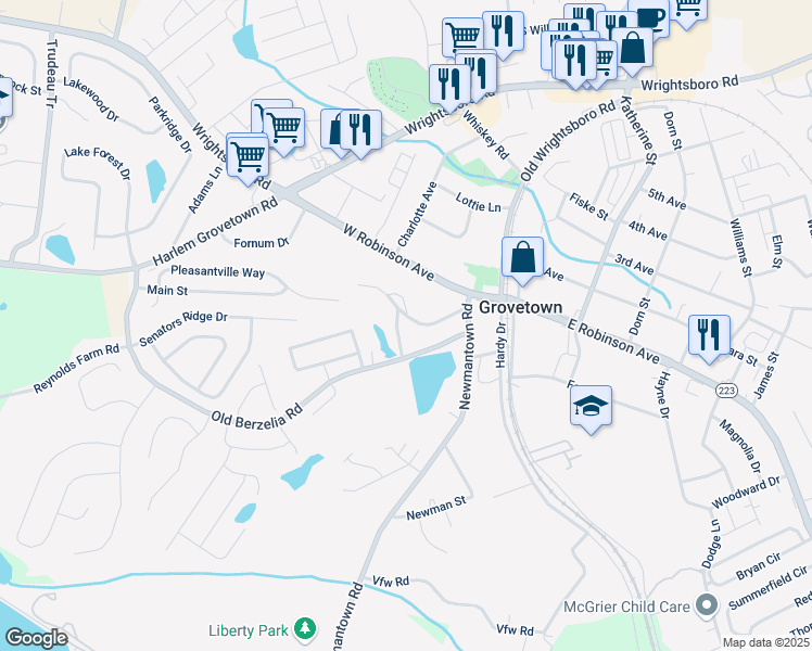 map of restaurants, bars, coffee shops, grocery stores, and more near 1199 Lakeside Drive in Grovetown