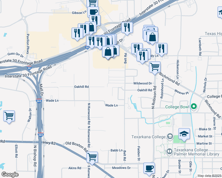 map of restaurants, bars, coffee shops, grocery stores, and more near 205-207 Cheyenne Place in Texarkana
